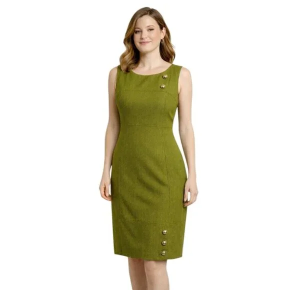 David Meister Olive Green Button Detail Sheath Dress - Picture 14 of 14